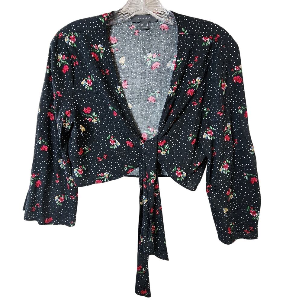 Primark Floral Tie-Front Blouse Size 8 Black Long Sleeve Lightweight Boho